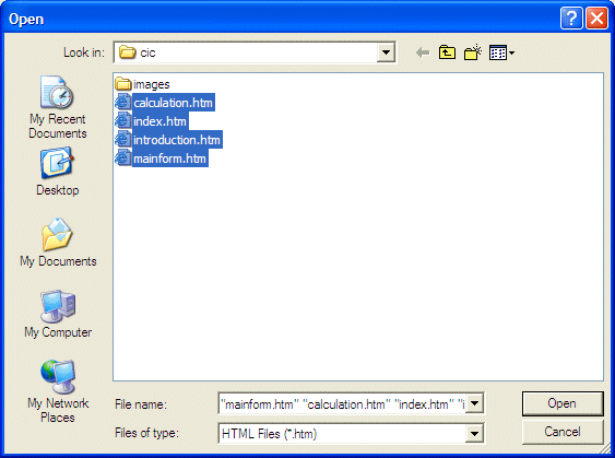 The Open Dialog Box - Selecting the HTML files