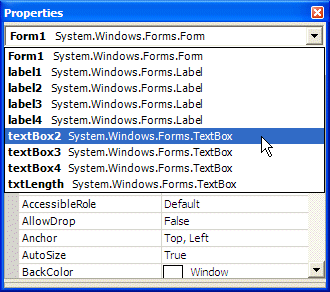 Properties Window: Control Selection