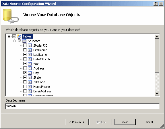 Data Source Configuration Wizard: Selecting Some Fields