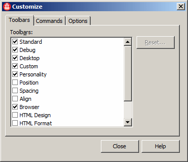The Customize dialog box