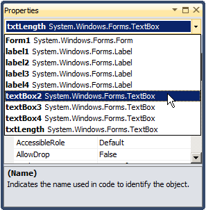 Properties Window: Control Selection