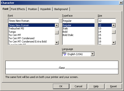 The Font Effects tab of the Character dialog box displays various combo boxes