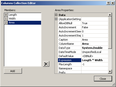 If you are visually creating a column, under the Members list of the Column Collection Editor, select a column. To specify an expression for it, in the Properties list, click Expression and type the desired expression.