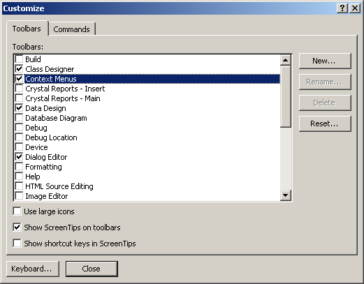 The Customize dialog box of Microsoft Office