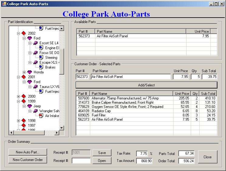 College Park Auto Parts: Part Selection