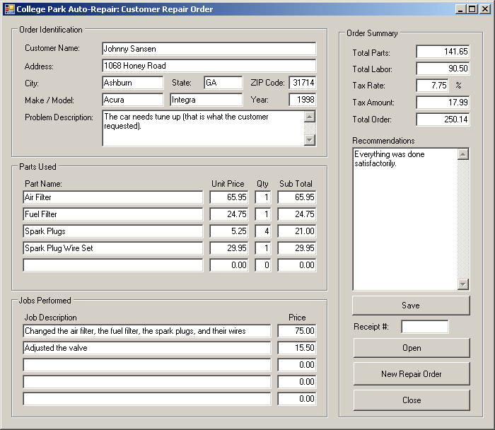 College Park Auto Repair: Repair Order