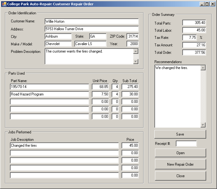 College Park Auto Repair: Repair Order