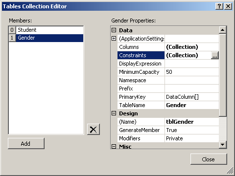 To visually create a constraint, display the Table Collection Editor. In the Members list, click the name of the table. In the Properties list, click the Constraints list and click its ellipsis button