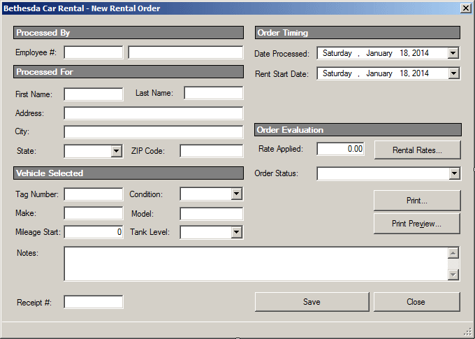 Bethesda Car Rental: New Rental Order Processing