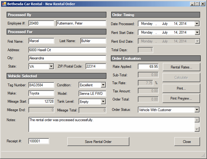 Bethesda Car Rental: Rental Order